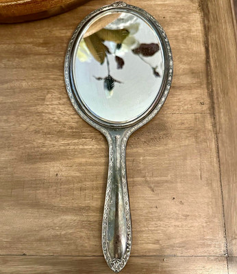 Vintage Ornate Oval Metal Hand Mirror w/ Monogram, Floral Scrollwork Frame