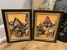 Two VTG Pyrography French Street Scenes, Wood Burning, Hand Made Folk Art!