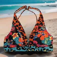Tropical Leopard Print Bikini Top Allover Mixed Print Size L Removable Pads 1