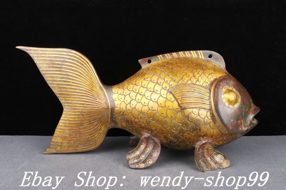 Old China Dynasty Bronze Ware Gilt inscription Word Fish Goldfish