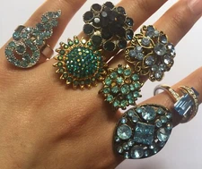 Cocktail Rings Blue Women Costume Jewellery Gold Silver Adjustable Crystal