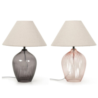 Glasfuß Tischlampe Nachttischlampe Stoff creme konischer Schirm Wohnzimmer Leuchte