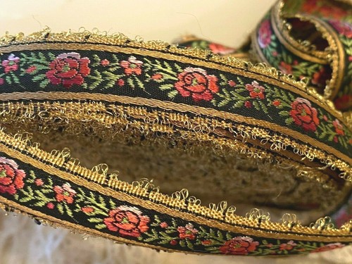 vintage embroidered jacquard trim flowers 3/4" ribbon silk metallic 1yd France - Picture 2 of 7
