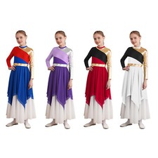 Kids Girls Dancing Costumes Round Neck Dance Dress Soft Chiffon Hem Dress Shiny