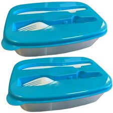 2 x  LUNCH BOX KNIFE & FORK food containers dinner sandwich picnic school BLUE