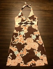 Trina Turk Brown/Multi Beaded Y2K Floral Halter Dress Sz 6 Tie Neck Zip Back