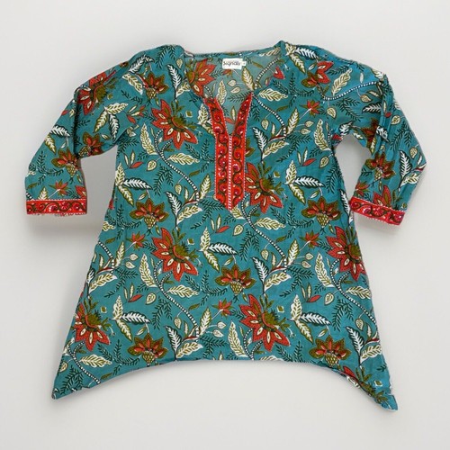 Signals L Tunika Top blau rot Blumen V-Ausschnitt 100% Baumwolle Boho Nisha Lounge Indien