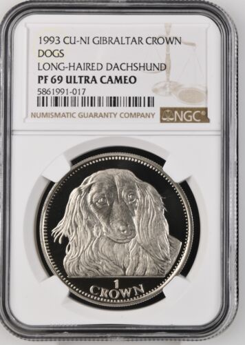 1993 CU-NI Gibraltar 1 Crown Dog Long Haired Dachshund - NGC PF69 ULTRA CAMEO - Picture 1 of 2