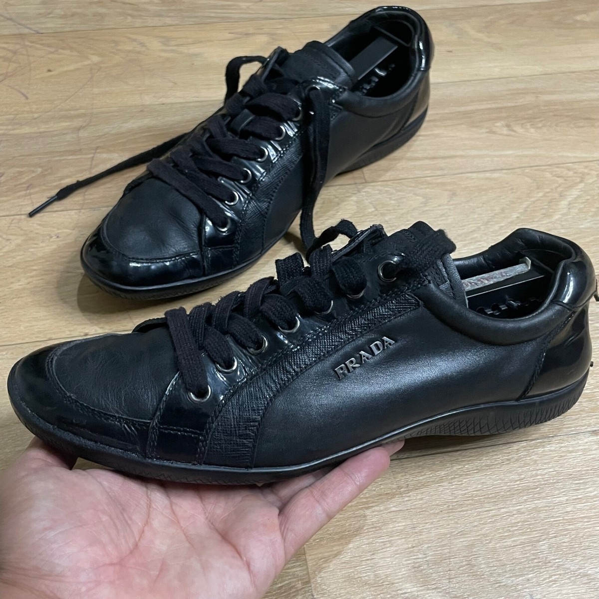 PRADA SNEAKERS Shoes black Leather Low Top italy lace up woMens