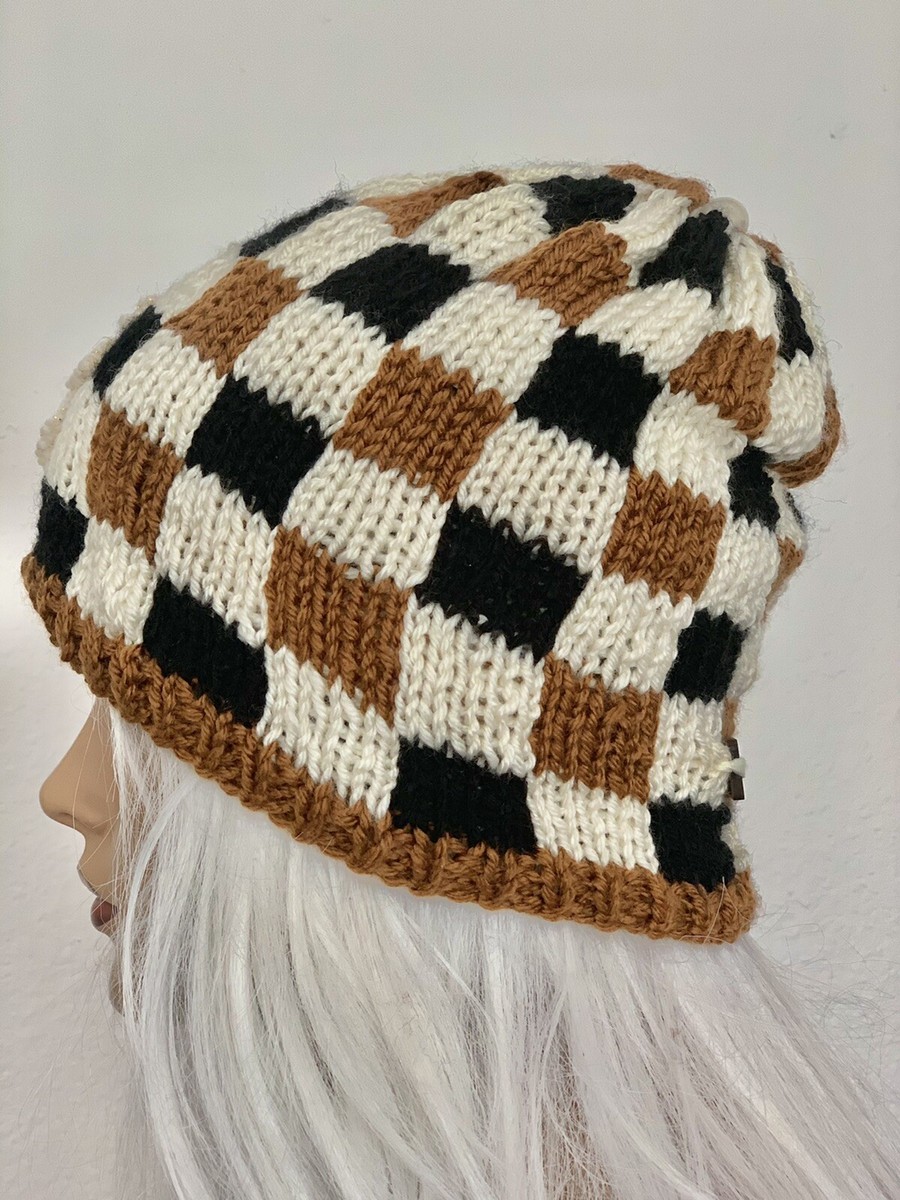 Hand Knits 2 Love Beanie Hat Slouch Cap Plaid Designer  display picture 3