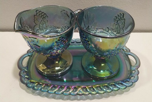 Vintage Indiana Blue Carnival Glass Harvest Grapes, Cream & Sugar w/Tray - Picture 2 of 5