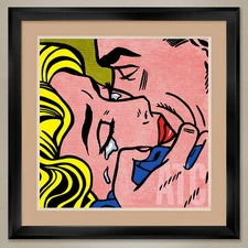 35W"x35H" KISS V by ROY LICHTENSTEIN - BACIO LOVE DOUBLE MATTE, GLASS and FRAME