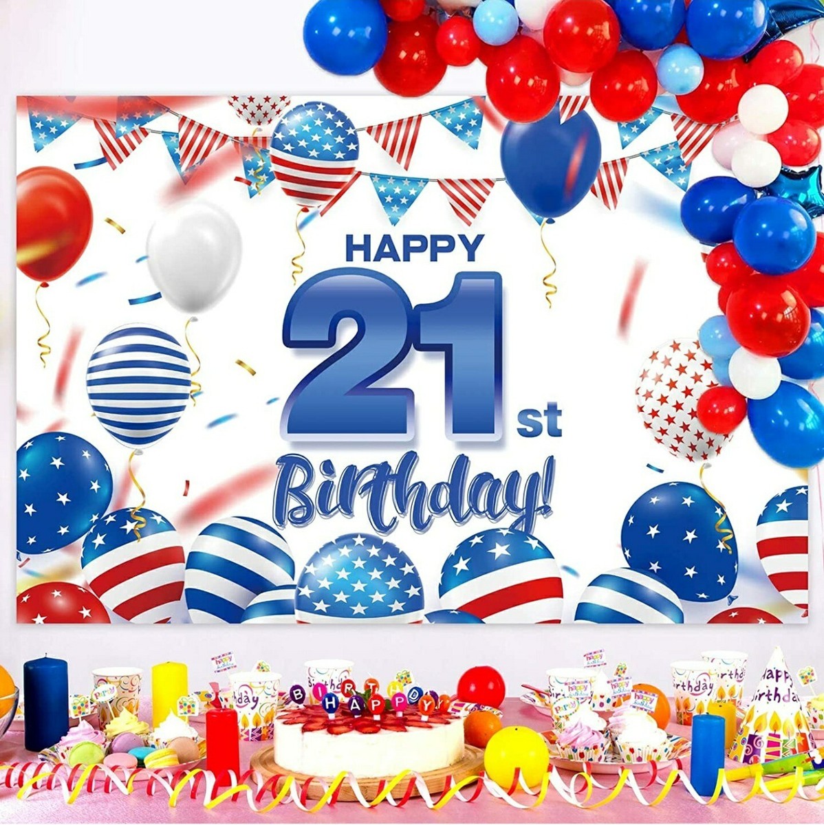 Happy 21st Birthday Backdrop Banner Red White & Blue Patriotic
