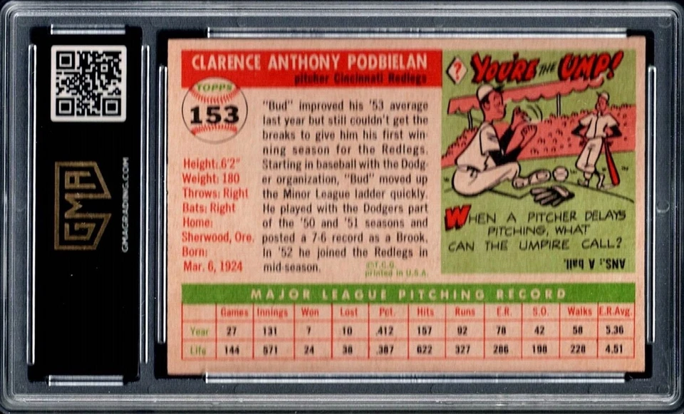 GMA 5.5  1955 Topps #153 BUD PODBIELAN, Cincinnati Reds  - GMA 5.5  EX+ - Image 2 of 2