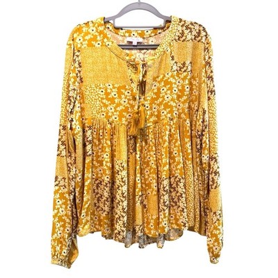 Pink Lily Mustard Yellow Floral Patchwork Boho Peasant Blouse Tassel Tie Medium