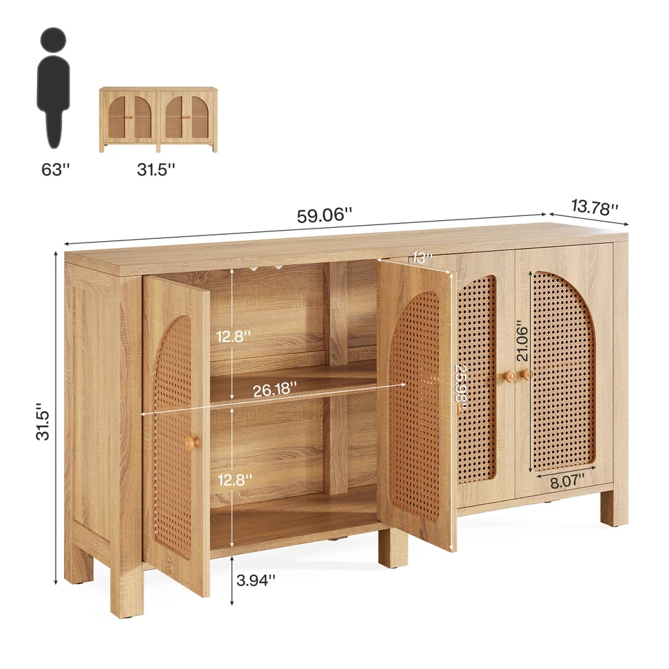 Rattan Sideboard Buffet Cabinet with 4 Doors Kitchen Storage For Living Room - Image 4 of 4