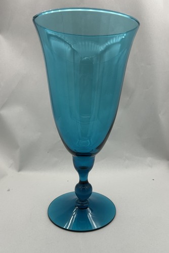 Vintage MCM Turquoise Blue Hand Blown Fluted Snifter Art Glass Vase 9" Retro
