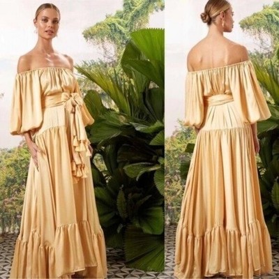 [SET] Erika Pena Bettina Maxi Dress S/M Gold Metallic + Rumba Tassel Belt NWT