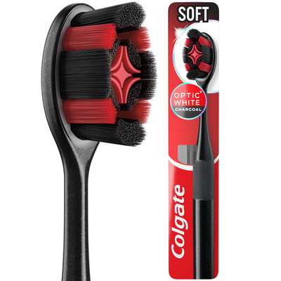 Colgate Optic White Charcoal Soft Toothbrush w/ High-Density Bristles, Red/Black