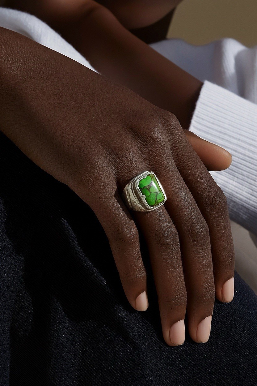 💍 Sterling Silver Statement Ring Rectangular Gre… - image 3