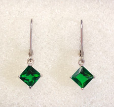 Sterling Silver Simulated Emerald Dangle Earrings 925 Princess 6mm 1" 1.6g 7723