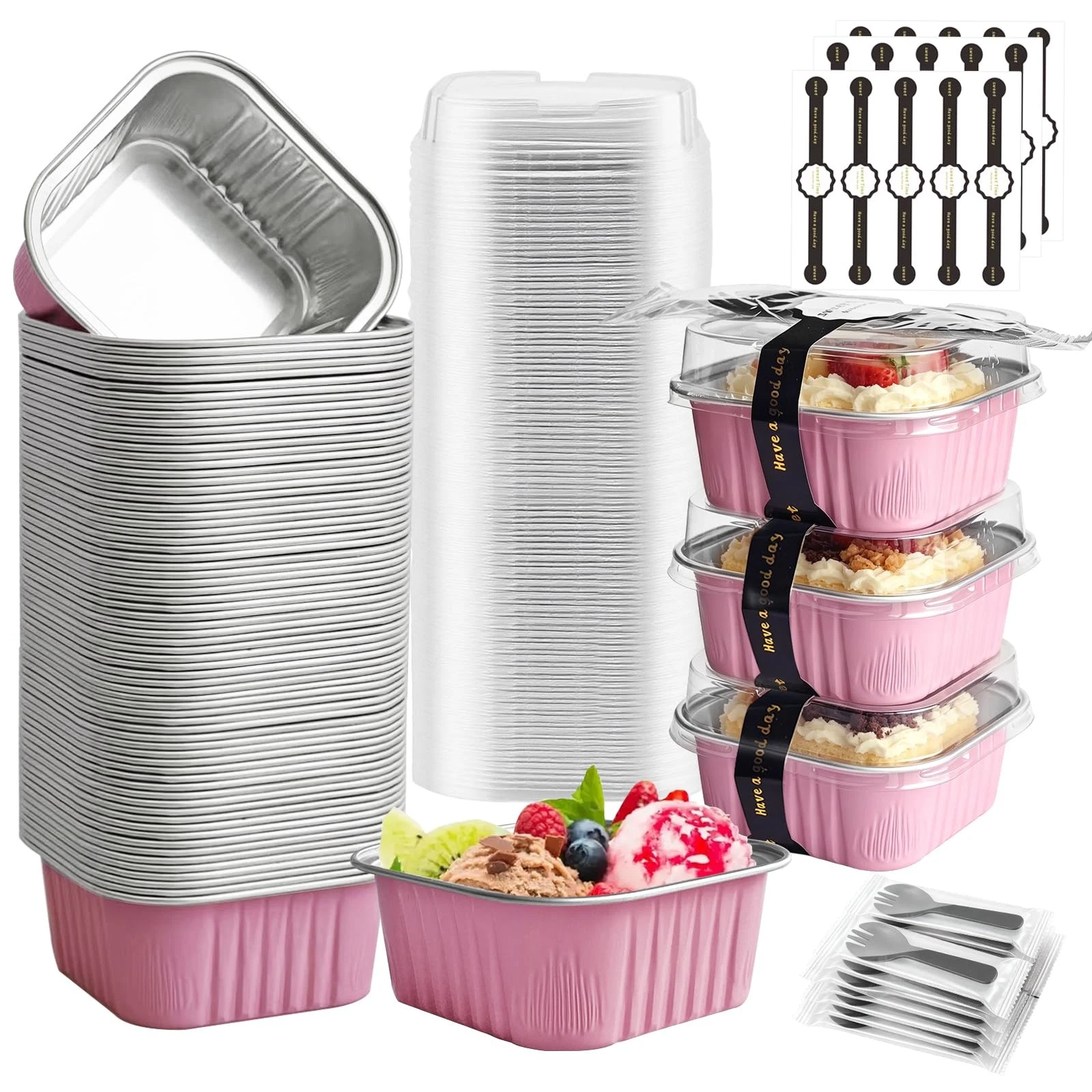 Mini Cake Pans With Lids 5oz, 50 Pack Mini Loaf Pans with Lids, Aluminum Foil...