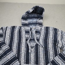 Vintage Baja Hoodie Mens Medium Blue Gray Striped Mexican Drug Rug Poncho