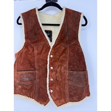 Vintage Western Suede Leather Vest L Brown Shearling Horse Cowboy Ranch