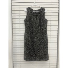 Talbots Black White Tweed Wool Blend Sleeveless Shift Dress Frayed Trim Sz 14