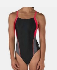 SPEEDO Relaunch Splice Flyback Black Bright Red Swim Suit Womens Sz 28
