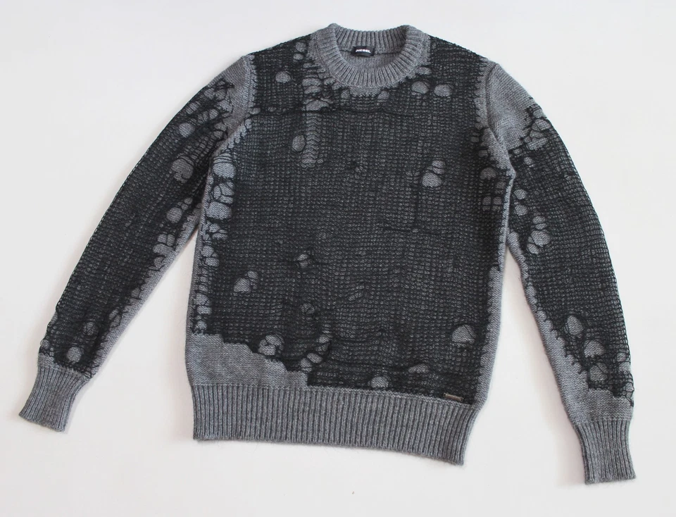 Men's DIESEL Destroyed-mesh Netting Sweater Avant Garde Wool Alpaca Blend (sz S) - Image 2 of 4