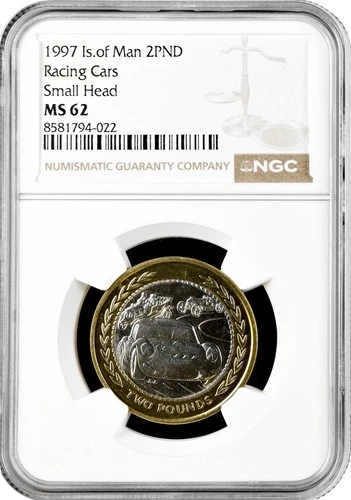 Isle of Man 2 pounds 1997 PM AA, NGC MS62, "Racing Cars, Small Head" Bi-Me