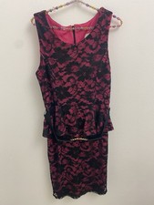 dress, peplum, magenta, lace, black, sleeveless, knee length, small