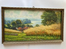 Alter Druck Grafik antiker Rahmen Fachwerk Mohn Wiese Ernte 40x21 Bild