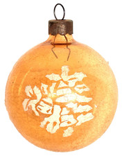 VINTAGE UNSILVERED ORANGE GLASS WHITE STENCIL BELLS & HOLLY CHRISTMAS ORNAMENT 2