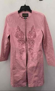 Metrostyle Women's Pink Leather Long Coat Vintage Y2K Embroidered Floral Sz 10