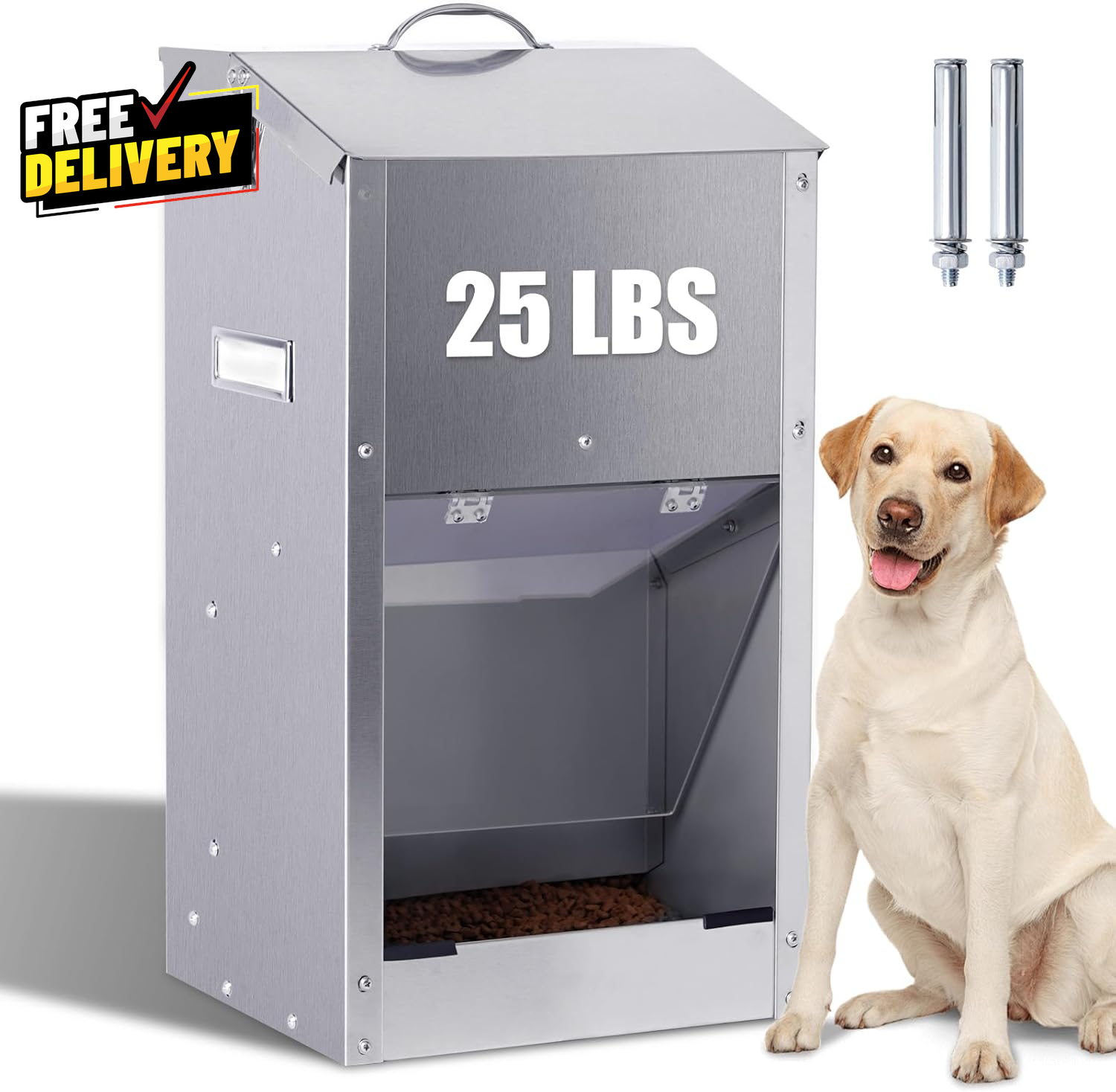 Automatic Dog Feeder Large Breed with Handle Stainless Steel Indoor and Outd....