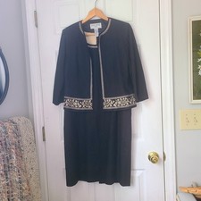 Jessica Howard Linen Blend Embroidered Jacket Dress Set Sz 8 Petite Black Chic
