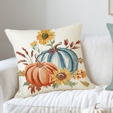Set of 2 Blue Pumpkin and Orange Leaf Fall Velvet Pillow Covers 45 by 45 cm