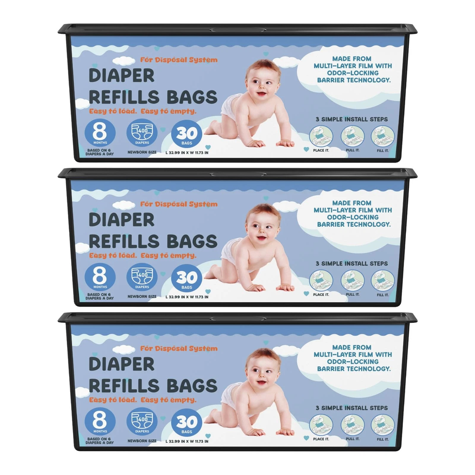 Diaper Pail Refills Bags with 30 Bags with Genie Easy Roll Signature Diaper P...