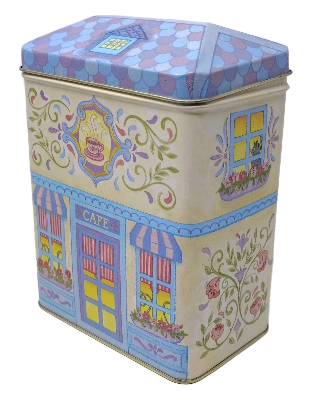 VTG Cafe Coffee House SCC Tin Box Hinged Lid Container Pastel Kitchen Decor 6.5"