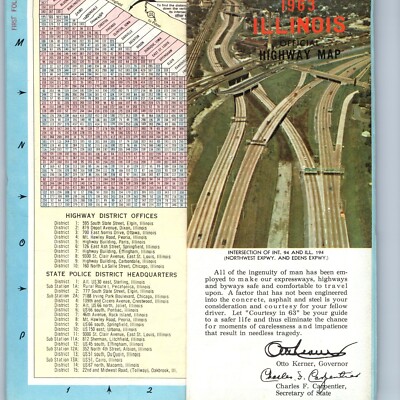 1963 Illinois Official Highway Map Road Interstate 94 Otto Kerner ILL IL Vtg 8C
