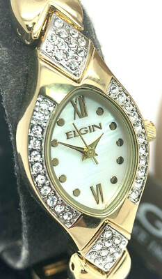 Vintage Elgin Gold Tone Crystal Accent Watch Mother Pearl Dial Bracelet Quartz Elgin Gold Plated Analog Quartz Watch with Round Mother of  main image 3