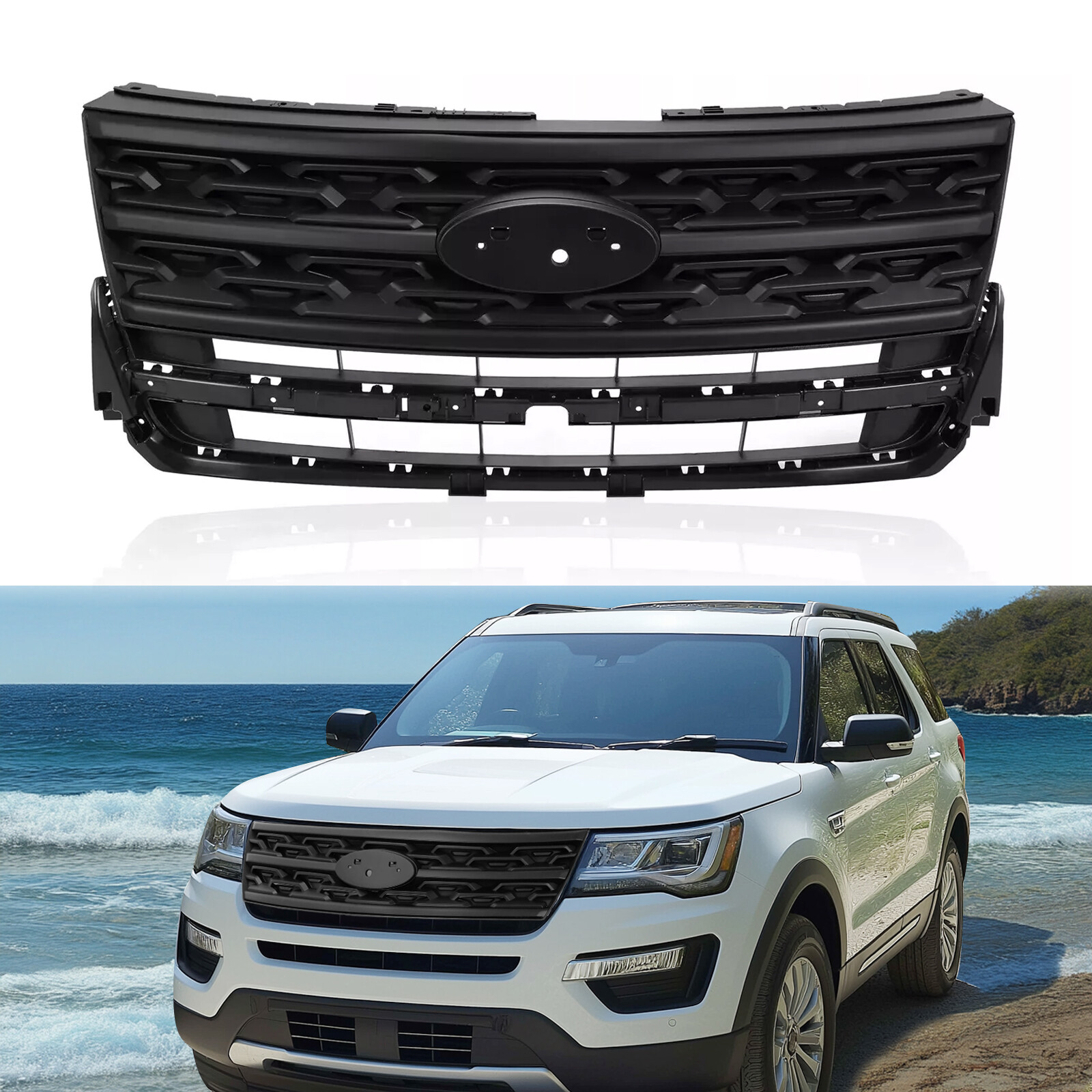 Front Bumper Upper Hood Grille Shell For Ford Explorer 4-Door 2018-2019 Black