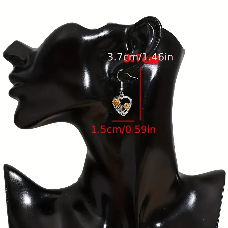 Fashion Women Sunflower Heart Shape Dangle Earrings Yellow Silvery Gift Party - Image 2 of 2