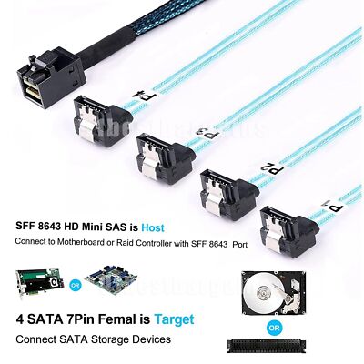 Mini SAS SFF-8643 to 4X SATA 7pin Right Angle Target Hard Disk Data Cable 0.5/1M