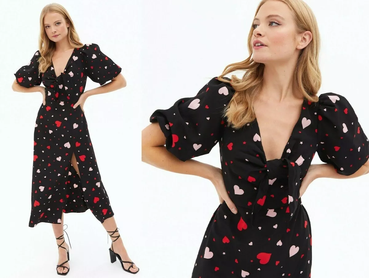 NEW LOOK Black Red Heart Print Tie Front Balloon Sleeve Midi Dress size 10  38