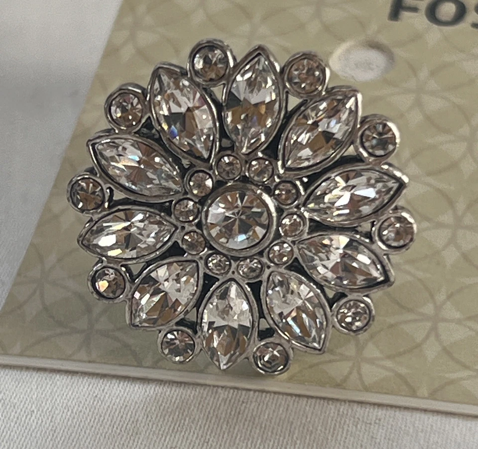 Anillo de cóctel fósil piedras de vidrio brillantes flor de margarita declaración tono plata talla 8 Foto 3 de 4