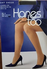 HANES TOO Barely Black CONTROL TOP Reinforced Toe  PANTYHOSE Size EF To 190lbs