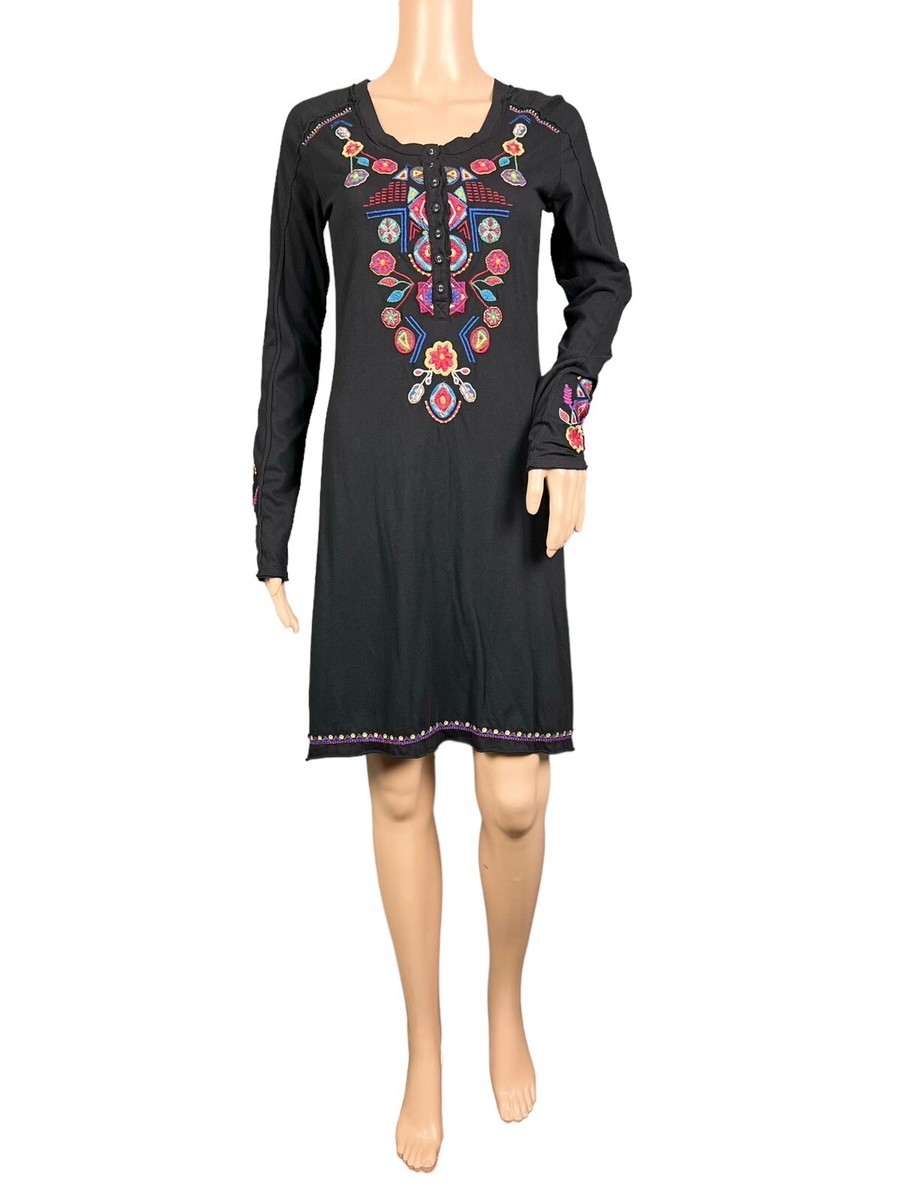 JOHNNY WAS COTTON BLACK FLORAL EMBROIDERED LONG SLEEVE DRESS SIZE XS